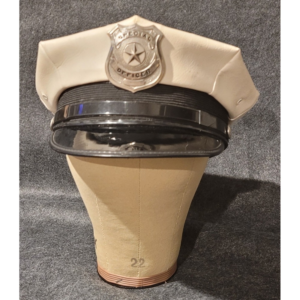 Vintage White Vinyl Police Peaked Cap Special Officer Badge 7 1/8 Security Hat